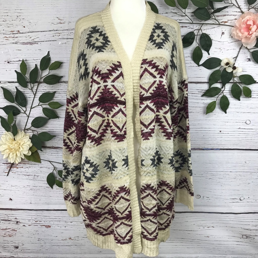 Trillium Size Medium Open Maroon Long Sleeve Cardi